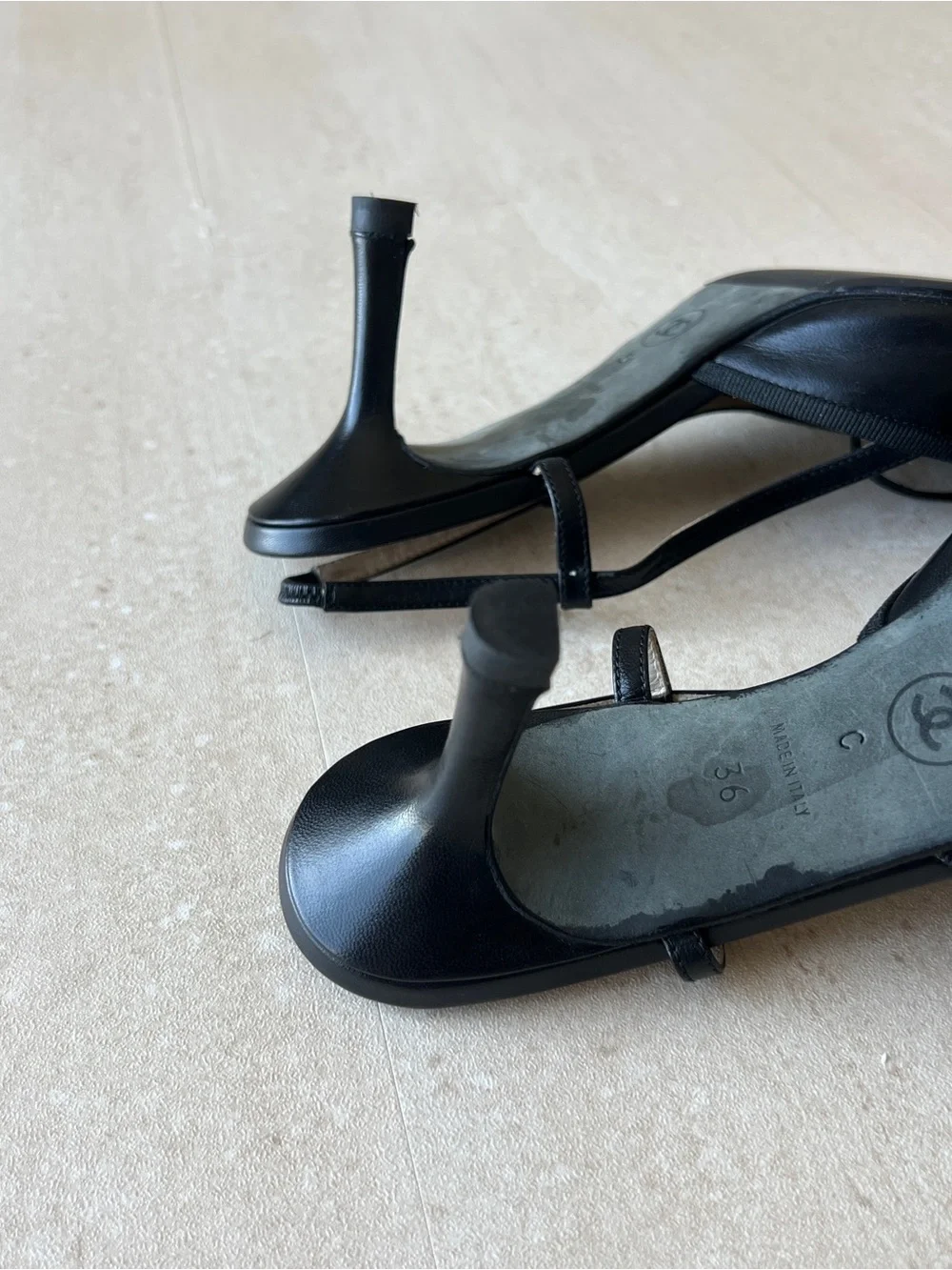 Vintage CHANEL Black Patent Leather Pointed Toe Slingback Heels